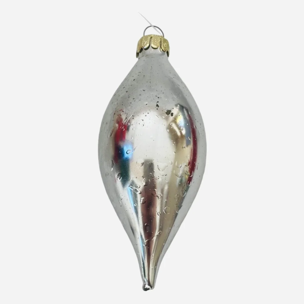 Vintage Silver Glitter Teardrop Christmas Ornament Glass Xmas Decor